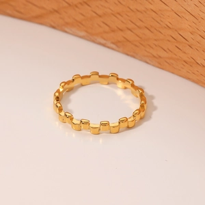 Irregular 18K gold plated titanium steel square ring with a gear-like geometric design
