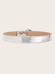 Close-up of silver mirror belt with metal buckle, khaki lining and adjustable holes