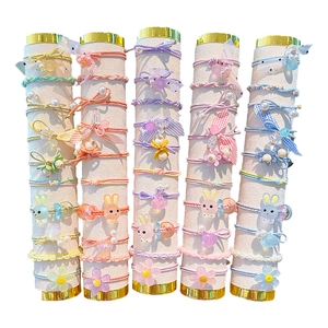 Colorful elastic hair ties set for girls with cute cartoon bunnies and flower charms