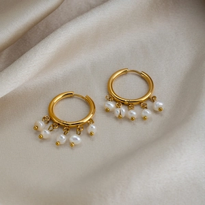 French retro 18K gold plated stainless steel hoop earrings with fresh water pearls