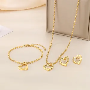 Pendentif Cœur Creux Collier Bracelet Boucles Oreilles Bijoux Acier Inoxydable Chaîne À Billes Mode Femmes