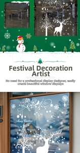 Close-up of white Merry Christmas static window stickers with reindeer and snowflake motifs