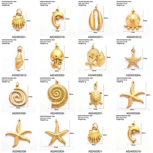Golden stainless steel ocean pendants featuring shells and dolphins for DIY jewelry making