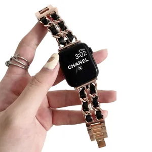 Rose gold metal chain strap with black leather weave for Apple Watch Ultra series