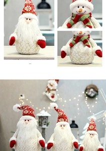 Dettaglio della trama a maglia e pizzo su peluche di Babbo Natale e pupazzo di neve