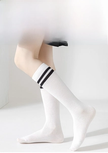 Detail of white calf socks with black stripes showing reinforced heel and toe construction