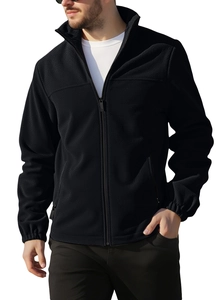 Close-up of black fleece jacket with high collar and functional side zipper pocket