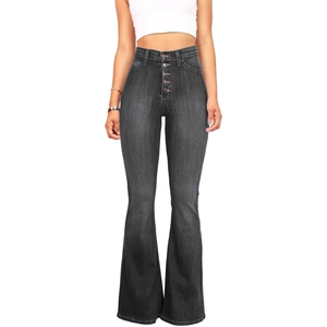 High-waisted dark grey flare jeans for women featuring a multi-button closure design