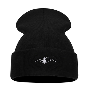 Black knit beanie with mountain embroidery, warm winter cuff cap for outdoor wear