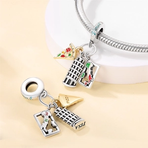 Italian travel charm set with Leaning Tower of Pisa, Pizza and Italy map icons