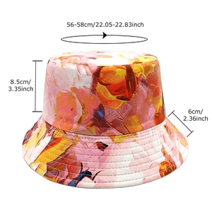 Reversible floral bucket hat with size chart showing brim width and head circumference