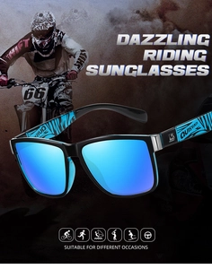 Detail of blue polarized lens and flame pattern on temple of sports cycling sunglasses