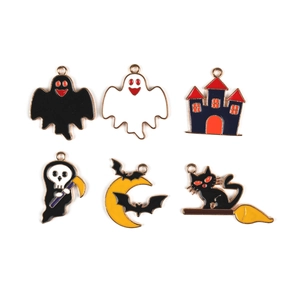 Halloween enamel alloy charms set featuring ghost, castle, and bat for DIY jewelry making