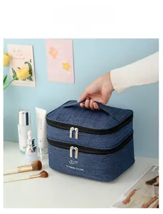 Close-up of a blue waterproof double-layer toiletry bag with hand-held strap detail
