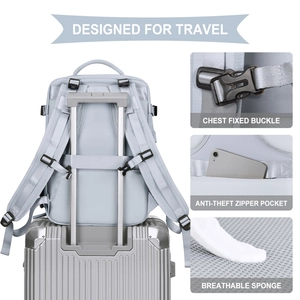 Blue travel backpack details showing luggage strap, chest buckle, and anti-theft pocket