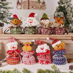 Christmas gift bags with Santa, snowman, reindeer icons in linen and knit fabrics