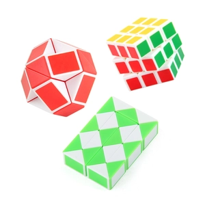 Puzzle toy set with 3x3 cube and maple leaf snake cubes in bright colors on white background