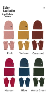 Winter knitted set with hat, scarf and gloves shown in six different color options