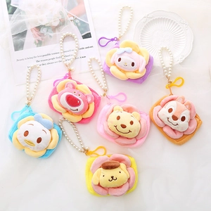 Plush flower coin purses with cartoon characters and pearl strap keychains