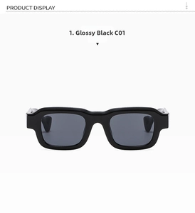 Detailed front view of retro thick bright black square frames with dark grey lenses C01