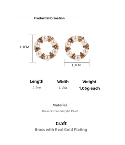 Close-up of mini pearl wreath earrings with zircon inlay and 1.3cm size detail