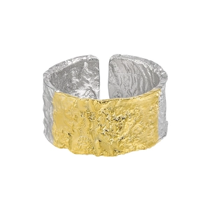 Minimalist wide open ring in S925 sterling silver with hammered gold and silver texture