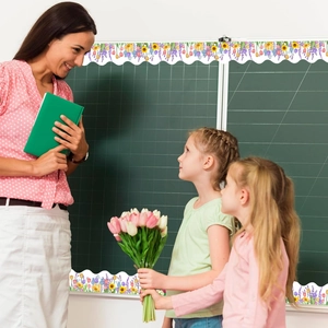 Spring tulip flower bulletin board borders for classroom decor with students and teacher