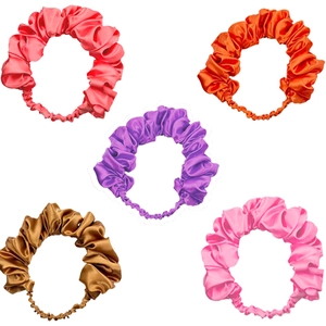 Five assorted satin ruched headbands in vibrant colors displayed on a white background