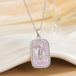 Rectangular seahorse tarot necklace pendant with pink enamel and sparkling zircons