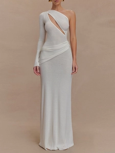 Robe Maxi Tricotée À Une Épaule Manches Longues Découpée Froncée Sexy Chic Couleur Unie Élégante Femmes