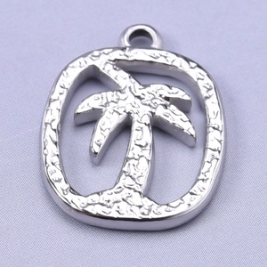 Detailed view of silver 304 stainless steel coconut tree pendant with hammered texture
