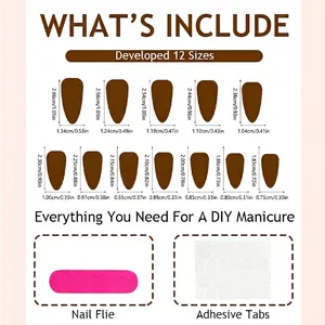 Size chart for almond press-on nails with 12 pieces measuring from 1.83cm to 2.66cm