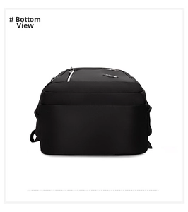 Vista inferior de la mochila de negocios negra con base ancha y bolsillo de malla