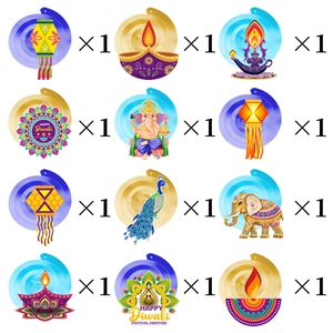 12-piece Diwali hanging swirl decorations with diya lanterns and Ganesha colorful designs