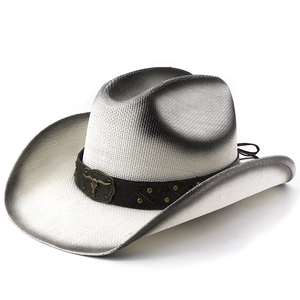 Distressed white straw cowboy hat with leather band and bronze bull head buckle