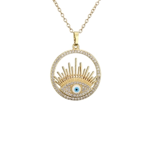 Collier avec pendentif œil protecteur en or, zircons et détails en émail bleu