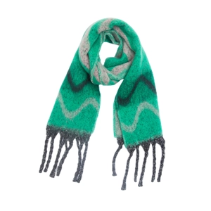 Detailed macro view of the thick mohair style scarf featuring grey wavy patterns and fringe