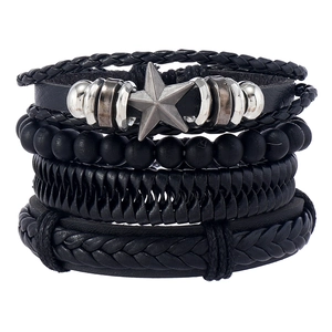 Men's minimalist four-piece multilayer black leather and beaded pentagram star bracelet set