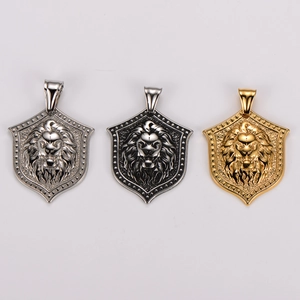 Three-color lion head shield pendant necklaces in silver, vintage silver and gold plating