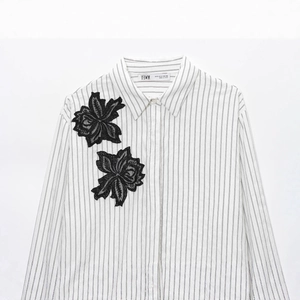 Women's cream striped long sleeve shirt with black floral lace embroidery detail