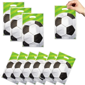 Detail of green soccer themed plastic gift bags with black and white football patterns