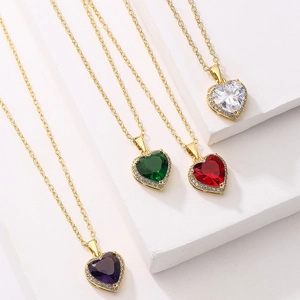 Elegant 18K gold plated heart pendant necklaces with colorful zircon stones set in gold