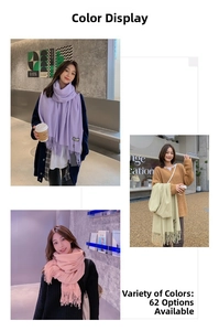 Detail of soft knit scarves with long tassels in light purple, sage green, and pale pink