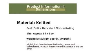 Detailed size chart for knitted baby scarf featuring 55x8cm dimensions and double-layered fabric