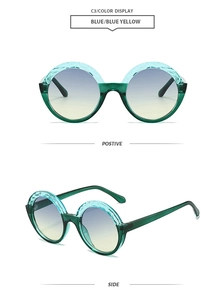 Detail view of round sunglasses featuring deep green textured frames and blue-yellow gradient lenses