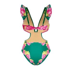 Detail of V-neck one-piece swimsuit with grape print, side cut-outs and ruffled straps