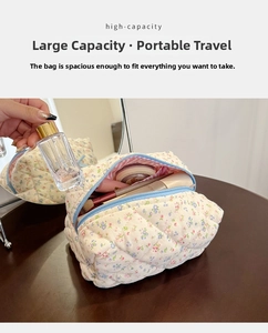 Quilted floral makeup bag detail showing striped interior lining and large capacity storage
