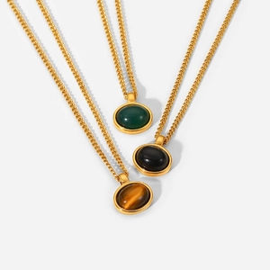 Retro 18K gold plated stainless steel necklaces with oval green, black, and tiger eye stones