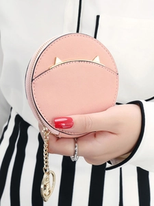 Mini Round Coin Purse PU Leather Cat Ears Metal Clasp Keychain Zipper Small Wallet For Women Girls Cute Daily Storage