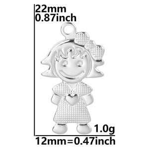 Macro detail of cartoon girl charm with bow, heart pattern, dimensions and weight